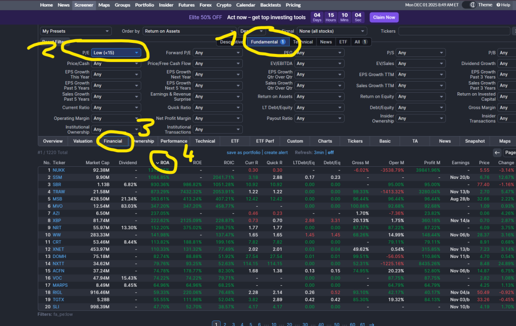 Finviz Screening for Magic Formula Investing (High ROC, Low P/E) – Be on the Right Side of Change Finviz screenshotzz