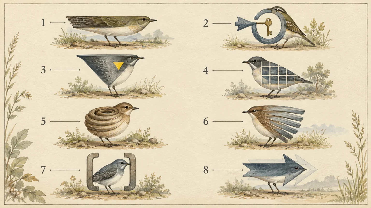 A colour plate in the style of a classic bird guide, eight slow queries drawn as execution plan silhouettes, arranged in two columns with numbers beside them.